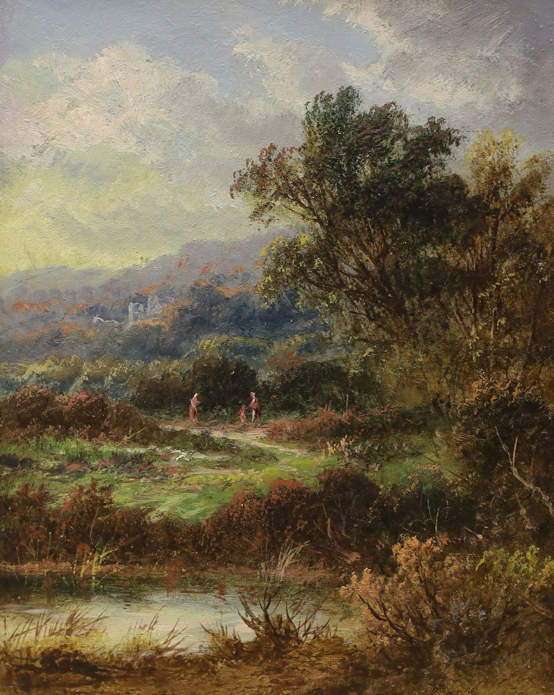 Two 19th century oils on board, landscape, signed indistinctly, and the other depicting cattle in yard, 25 x 19cm, 23 x 29.5cm